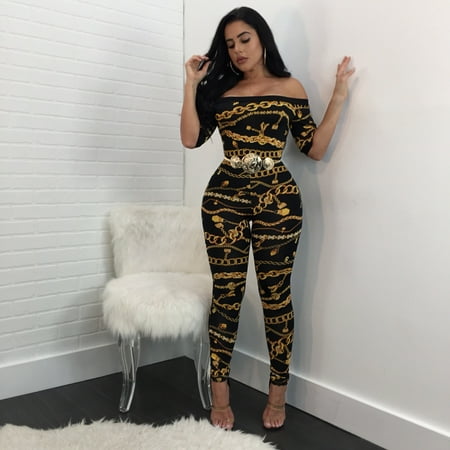 Women Off Shoulder Jumpsuits Chain Print Short Sleeve Slim Rompers Long Pants Women Off Shoulder Jumpsuits Chain Print Short Sleeve Slim Rompers Long Pants